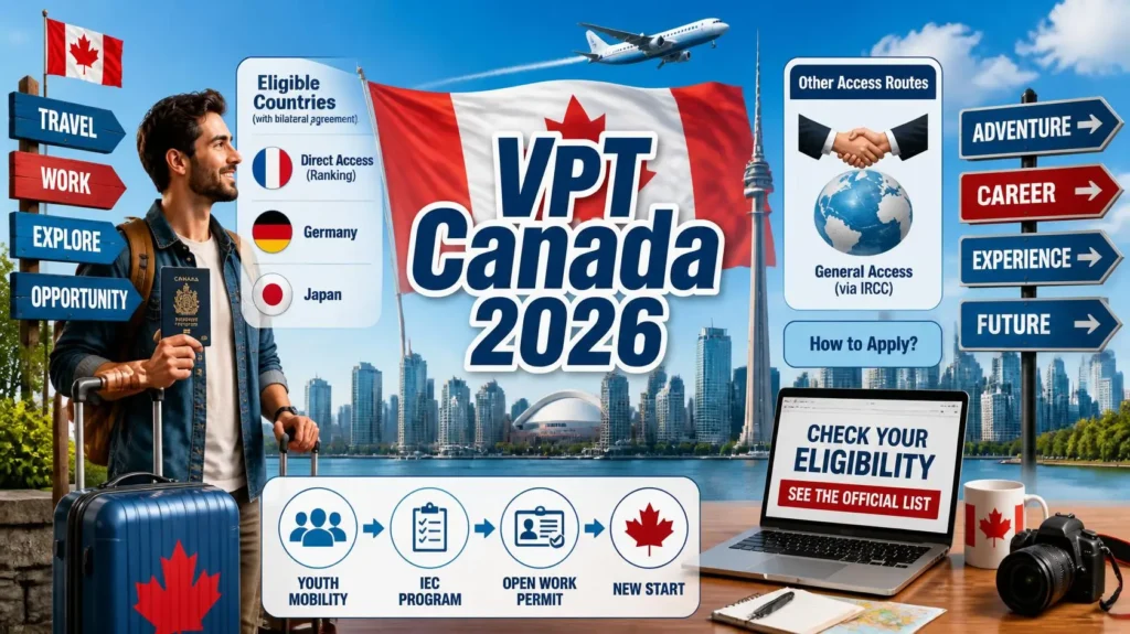 Permis vacances-travail Canada 2026 - bureau avec passeport et documents de préparation de voyage